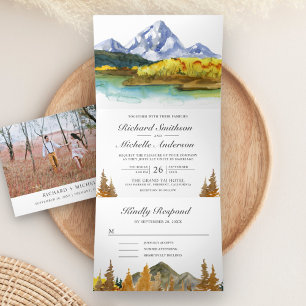 Ländliche Herbst-Hochzeit im Bergwald am See Dreifach Gefaltete Einladung