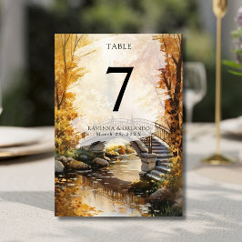 Ländliche Herbst-Steinbrücke-Fluss-Hochzeit Tischnummer