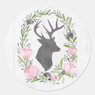 Ländliche Hirsch-Silhouette Blumenkranz-Cameo auf  Runder Aufkleber