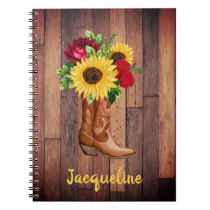 Ländliche Holz-Cowgirl-Stiefel Sonnenblumen Rosen Notizblock