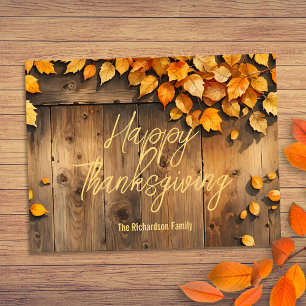 Ländliche Holz Herbstblätter Familie Thanksgiving Postkarte