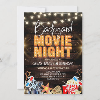 Ländliche Holz-Hinterhof-Kino-Nacht-Geburtstagsfei Einladung