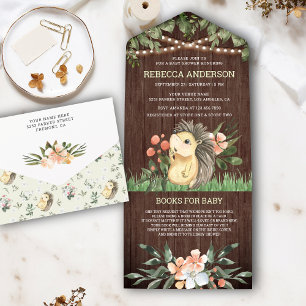 Ländliche Holz-Wald-Niedlicher-Igel-Baby-Party All In One Einladung