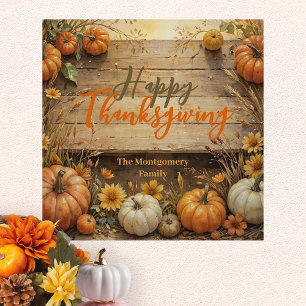 Ländliche Holzwasserfarbe-Kürbis-Familien-Thanksgi Poster