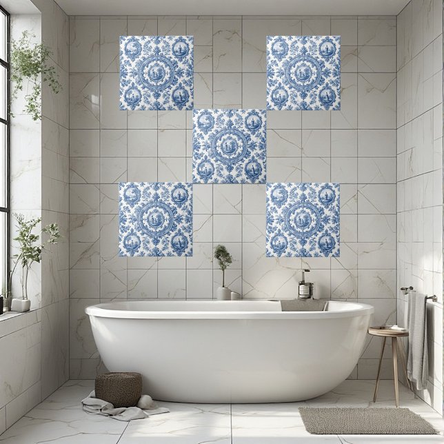 Ländliche Idylle Französische Toile-Blau Fliese (Pastoral Countryside Rural Folks French Toile Blue Ceramic Tile)