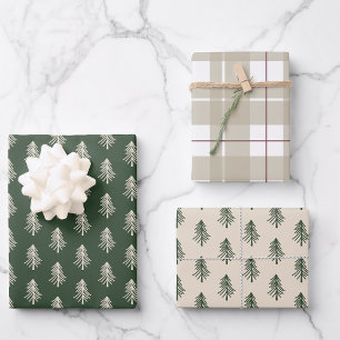 Ländliche Kiefern und karierter Weihnachtsstil Geschenkpapier Set