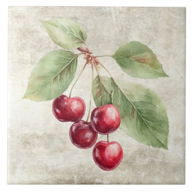 Ländliche Kirschen Aquarell-Früchte Fliese (Vorderseite)