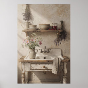 Ländliche Küchenspüle mit Lavendel und Wildblumen Poster