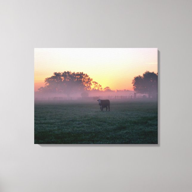 Ländliche Kuh in der Sunrise Mist 3-Panel-Leinwand Leinwanddruck (Vorderseite)
