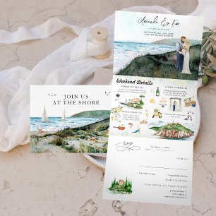 Ländliche Küsten-Strand-Ozean-Hochzeit Dreifach Gefaltete Einladung