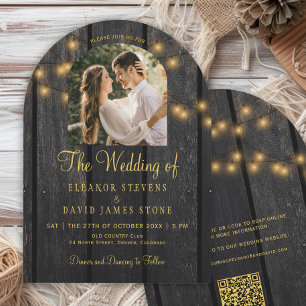 Ländliche Landlichter Holz QR Bogen Foto Hochzeit Einladung