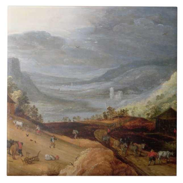 Ländliche Landschaft mit einem Bauern, der Pferde, Fliese (Vorderseite)