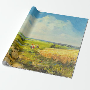 ländliche Landschaft mit Figuren von Menschen in d Geschenkpapier