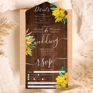 Ländliche Landsonnenblume Holzschrift Hochzeit All In One Einladung