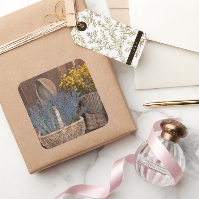 Ländliche Lavendelernte Quadratischer Aufkleber (Schenken)