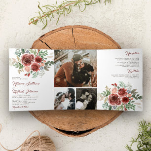 Ländliche Marsala-Blumen-Hochzeit Dreifach Gefaltete Einladung