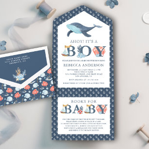 Ländliche Meereswal-Nautik-Baby-Party All In One Einladung