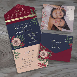 Ländliche Navy Burgunder Hochzeit All In One Einladung
