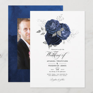 Ländliche Navy- und Faux-Glitter-Silber-Blumenhoch Einladung