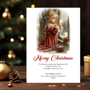 Ländliche niedliche kleine Mädchen Weihnachtsszene Feiertagskarte