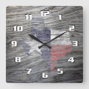Ländliche patriotische Texas-Flagge auf Holzoptik Quadratische Wanduhr