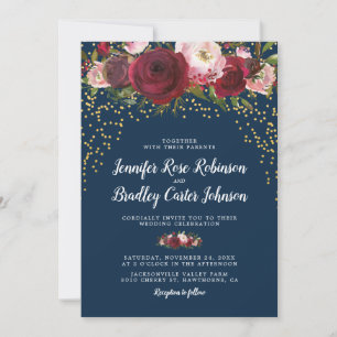 Ländliche Röte Burgunder Blau Florale Hochzeit Einladung