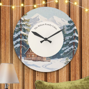 Ländliche rustikale Schneeszene Ferien Familienhüt Große Wanduhr