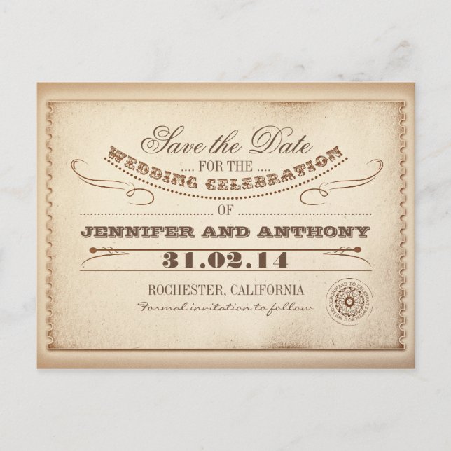 ländliche Save-the-Date-Vintage-Tickets Postkarten (Vorderseite)