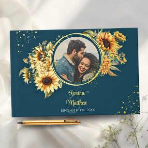 Ländliche Sonnenblume Navy Blau Foto Gold Gästebuch