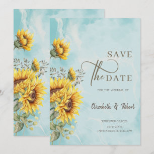 Ländliche Sonnenblumen Blau Zur Hochzeit einladen Save The Date