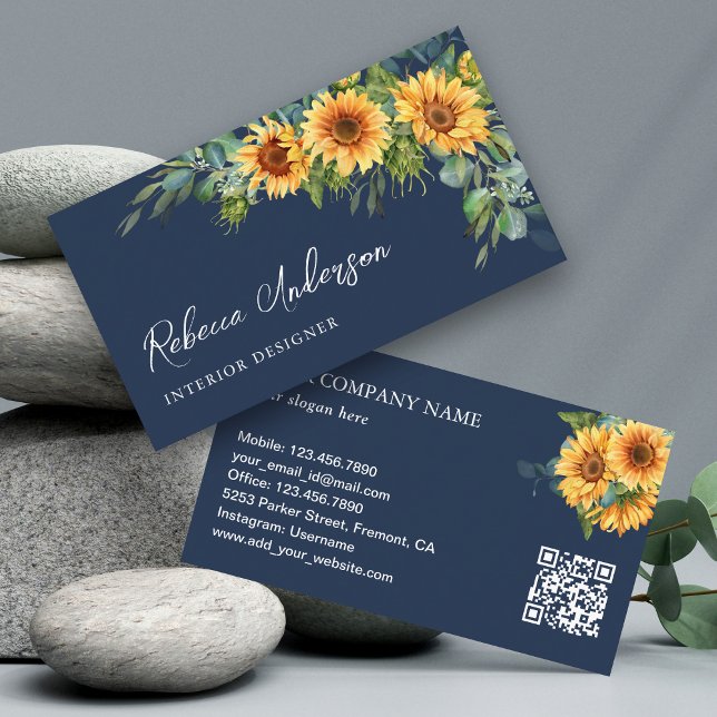 Ländliche Sonnenblumen Eukalyptus Marineblau QR-Co Visitenkarte (Von Creator hochgeladen)