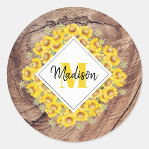 Ländliche Sonnenblumen & Holzstruktur-Monogramm Runder Aufkleber