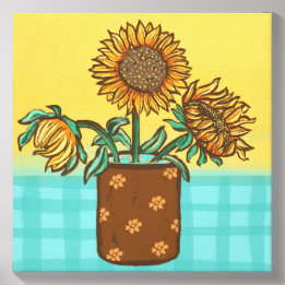 Ländliche Sonnenblumen in einer braunen Vase Leinwand Fotofliese