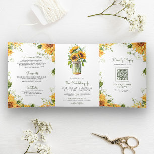 Ländliche Sonnenblumen-Mason-Glas-QR-Code-Hochzeit Dreifach Gefaltete Einladung