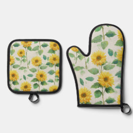 Ländliche Sonnenblumen-Wasserfarben-Blumen-Farmhau Ofenhandschuh & Topflappen-Set