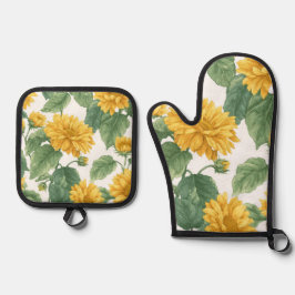 Ländliche Sonnenblumen-Wasserfarben-Blumen-Farmhau Ofenhandschuh & Topflappen-Set