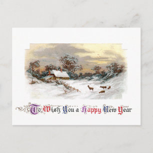 Ländliche Szene mit Hirschen Vintage Neujahr Feiertagspostkarte