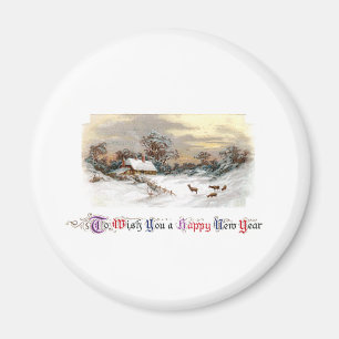 Ländliche Szene mit Hirschen Vintage Neujahr Magnet
