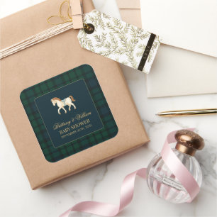 Ländliche Tartan-Karo-Pferd-Baby-Party Quadratischer Aufkleber