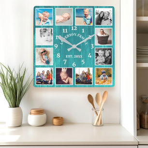 Ländliche Teal-Scheunen-Holz-Farmhouse-Fotocollage Quadratische Wanduhr