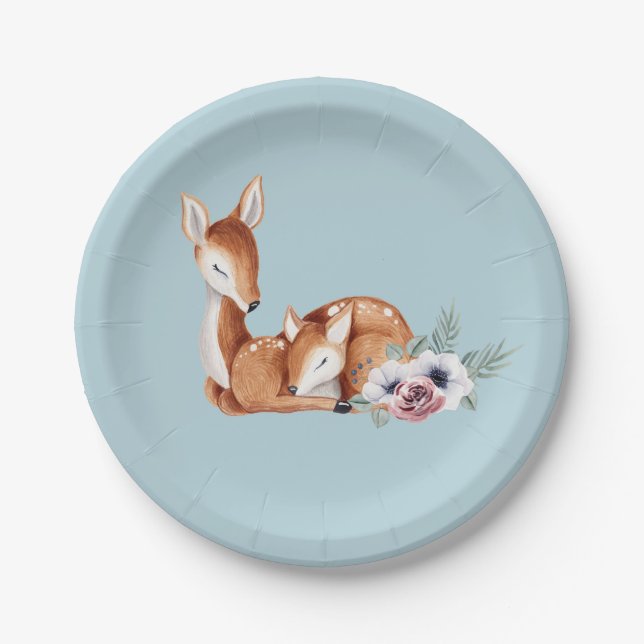 Ländliche Vintage-Hirsch-Wald-Blumen-Baby-Party Pappteller (Vorderseite)