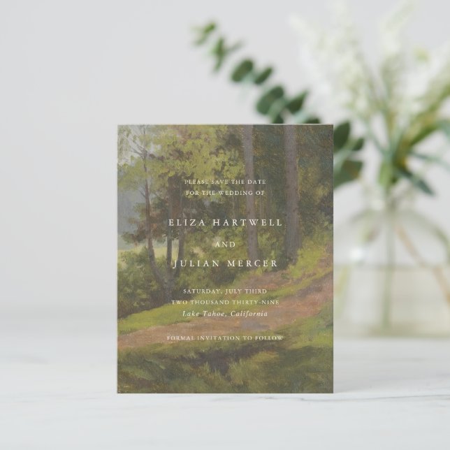 Ländliche Wald-Hochzeit Elegant Save-the-Date (Stehend Vorderseite)