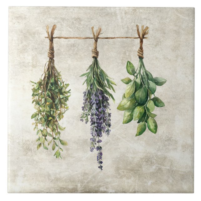 Ländliche Wasserfarbe Kräuter Blumen  Fliese (Vorderseite)