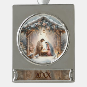 Ländliche Weihmachtskrippe mit Winterblumen Karte Banner-Ornament Silber