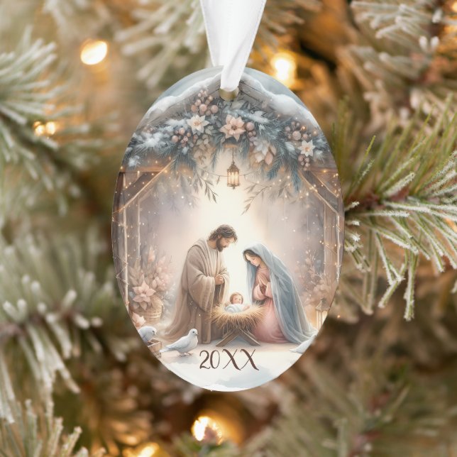 Ländliche Weihmachtskrippe mit Winterblumen Karte Ornament (Baum)