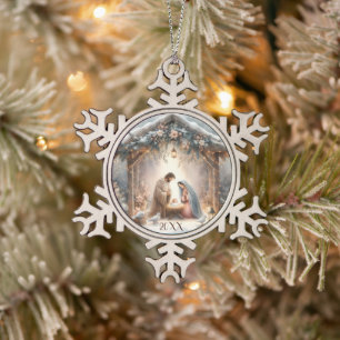 Ländliche Weihmachtskrippe mit Winterblumen-Karte Schneeflocken Zinn-Ornament