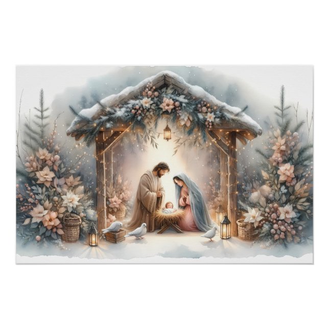 Ländliche Weihmachtskrippe mit Winterblumen Poster (Vorderseite)