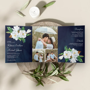 Ländliche Weiße Magnolie Blumen Navy Blau Hochzeit Dreifach Gefaltete Einladung