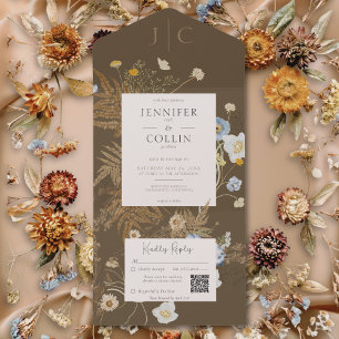 Ländliche Wildblumen Monogramm Braun QR-Code All In One Einladung