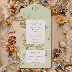 Ländliche Wildblumen Monogramm Hellgrün Abendessen All In One Einladung